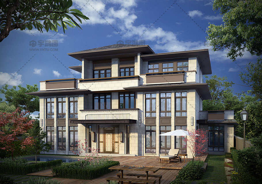 新亞洲風(fēng)格三層農村自建別墅設計圖紙